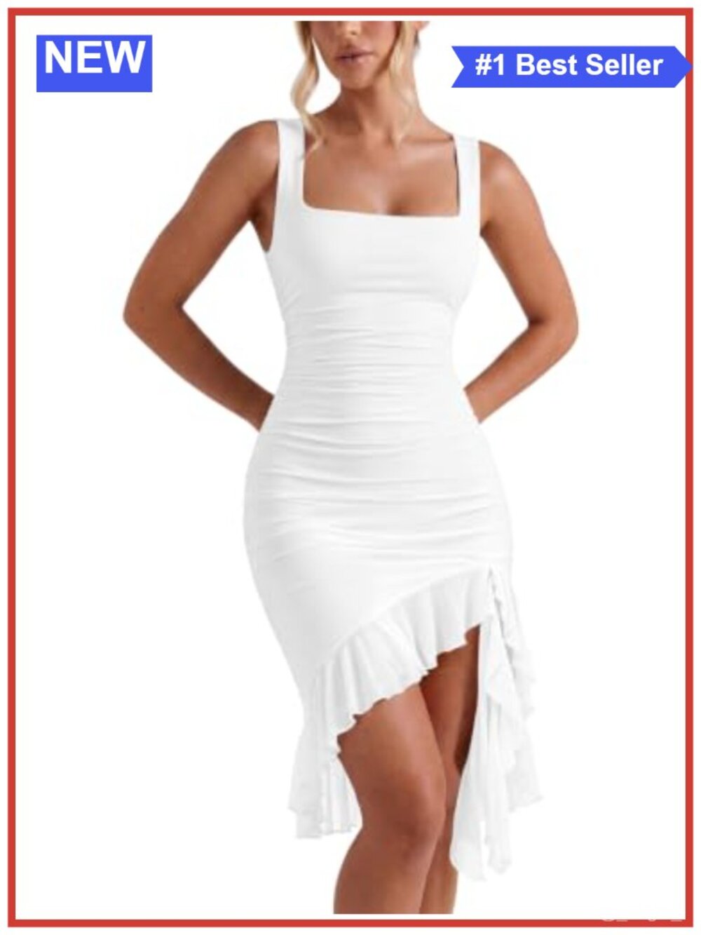 Women's Sexy Bodycon Ruffle Hem Cocktail Midi Dress Square Neck Ruched